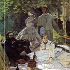 Text: "4", "Das Frühstück im Grünen". Gemälde: Gruppe beim Picknick im Wald mit Essen und Getränken auf einer Decke.