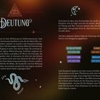 "DEUTUNG" steht im Mittelpunkt mit geometrischem Auge. Text erklärt Kartenset zur Selbstkenntnis. Kategorien: Schatten, Splitter, Omen, Miasma. Schlange unten.