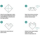 Anleitung zum Falten eines Origami-Herzens in sechs Schritten mit erklärenden Texten und Illustrationen.