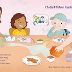 Illustration eines Familienszenarios. Text oben: "Ich darf Fehler machen." Unten: "Mein Glas kippt um..." Mehrere Menschen am Tisch.