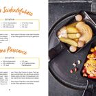 Linke Seite: "Veganer Seidentofukäse" und "Vegane Käsesauce" mit Zutatenlisten und Anleitungen. Rechte Seite: Raclette-Pfännchen.
