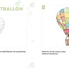 HEISSLUFTBALLON - Links: schwarz-weiße Zeichnung, rechts: bunt gefärbt. Anweisungen zum Zeichnen und Färben.