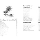 TEIL 2 | PERSPEKTIVE UND KOMPOSITION. Kapitelüberschriften mit Seitennummern. Skizzen von Gebäuden und einem Strand.