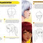 "Profilansichten" erklärt Manga-Zeichentechniken mit Text und Skizzen. Links Profilanleitung, rechts Halbprofilmethoden.