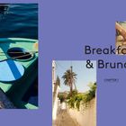 „Breakfast & Brunch, Chapter 1“ ist Text auf blauem Hintergrund, Fotos: Boot, Straßenszene, teigrollende Hände.