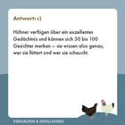 Antwort: c) Hühner merken sich 50–100 Gesichter. Unten links steht "VERHALTEN & INTELLIGENZ". Zwei Hühner-Illustrationen.