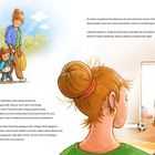 Links unten: "Heute merkt seine Mama beim Abholen, dass etwas anders ist."
Rechts, ein Junge steht im Türrahmen, auf der Tür steht "LEVI".