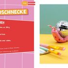 "DISCOSCHNECKE. MATERIALIEN: 1. Trockenton, ca. 250 g, 2. Discokugel 6 cm, 3. Acrylfarbe und -stifte. Eine Schnecke mit Discokugel."