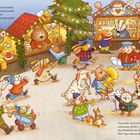 Ein Weihnachtsmarkt mit vielen Tieren, die dort einkaufen und musizieren. Bunte Stände und festliche Kleidung.