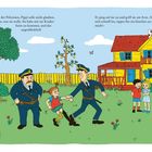 Texte: „Hier“, sagte Pippi stolz... – Illustration: Ein Mädchen macht einen Handstand im Garten, umgeben von Freunden und einem Pferd.