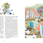 Text: Großmutter meinte: »In diesem Jahr nehmen wir es nicht so genau. Wir kümmern uns nicht darum, die Fenster zu putzen.«  
Illustration: Ein Kind macht Hausarbeiten in einer gemütlichen Küche, während Vögel am Fenster fliegen.