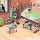 Text: "Nun, kleine Hummel, nun wirst du schlafen, wie alle Kinder in ihren Betten." Ein gemütliches Kinderzimmer im Zeichentrickstil.