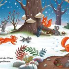„Das Eichhörnchen teilt mit der Maus seinen leckeren Festtagsschmaus.“ Illustration: Tiere teilen Essen im Schnee.