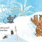 „Ein Schneeengel, der sieht so aus!“, zeigt sie stolz der kleinen Maus. Illustration: Eule und Maus im Schnee.