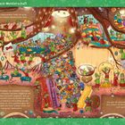 "Die Einpack-Meisterschaft" zeigt Wichtel, die Geschenke verpacken in einem Baumhaus. Überall herrscht festliche Aktivität.