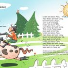 "Hoppe Hoppe Reiter", Gedicht über Reiten. Zeichnung eines Reiters auf einem fröhlichen Pferd, Sonne und Bäume im Hintergrund.