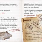 Text über das Einfangen von Irrwichten, eine Illustration eines Wesens, Notizen über Experimente und blutige Seiten.