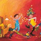 Nummer 10 oben rechts. Kinder tanzen freudig in einem warmen, roten Raum mit einem geschmückten Baum. Illustration.