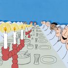 Illustration: Eine lange Tafel mit vielen Menschen, Kerzen in roten Haltern und gedecktem Tisch mit Geschirr und Essen.