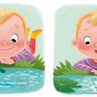 Ein Junge beobachtet einen Frosch. Der Text sagt: "Der Frosch taucht ins Wasser." und "PLATSCH!" Eine farbenfrohe Illustration.