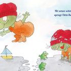 „Mit seiner schönen roten Mütze springt Olchi-Baby in die Pfütze.“ Fröhliche grüne Wesen mit Boot und Pfützen.