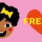 Text: "FREUDE" in Gelb auf rotem Herz. Illustration eines lächelnden Gesichts mit gelber Schleife und roten Wangen.