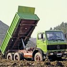 Ein grüner Lastwagen kippt seine Ladefläche auf einer schlammigen Baustelle. Ein Fahrer sitzt im Führerhaus.