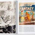 Links: Illustration eines Raumschiffs vor dem Mond. Rechts: "WEIRD FANTASY" mit Frau, die auf ein Monster zielt.