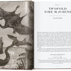 Text: "Preface: Twofold Time Machine. Walton Ford. The Flying Pterodactyl." 

Illustration: Fliegende Dinosaurier und ein schwimmendes Dinosaurierwesen in urzeitlicher Landschaft.