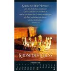 "Selig ist der Mensch... Jakobus 1,12." Goldene Krone auf Tisch, Kalender unten, Monat Februar.