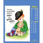 Zitat von Mutter Teresa: "Gott hat uns geschaffen, damit wir lieben und geliebt werden." Clown umarmt Hund. Kalender für Februar.