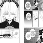 "Ich bin eine Hexe. Das ist auch der Grund, weshalb Prinzessin Snow White uns um Hilfe bat. Es stimmt, was du sagst..." Manga-Stil, Frau mit Hörnern und ernstem Blick, mehrere Dialoge.