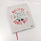 „WALTERS BUNTE WELT“, Illustration mit Hobbysymbolen und Porträt eines Mannes, rote Schrift auf hellem Hintergrund.