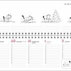 „Ich bin dir auf die Spur gekommen!“, sagt mein Mensch. Kalender mit cartoonhafter Katze und Schneemann. Wochentage vom 28. bis 3.