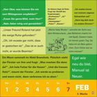 Texte: Verschiedene Witze in Textblöcken. Unten "Egal wie neu du bist, Manuel ist Neuer." Datum: Mo 1 bis So 7 FEB.