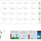 Kalender für Februar. Cartoon: Junge denkt über Valentinstag und Grußkarten nach. Links: Junge mit Schneemann.