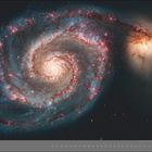 02 | FEBRUAR. Eine Spiralgalaxie mit leuchtendem Zentrum und rot-blauen Spiralarme im Weltraum.