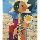 Februar. Illustration: Mensch spielt Flöte, Sonne und Blume im Hintergrund, Notenpapier als Teil der Komposition.
