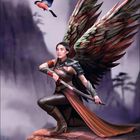 Illustration: Eine geflügelte Kriegerin kniet mit einem großen Schwert auf einem Felsen, ein Vogel fliegt im Himmel.