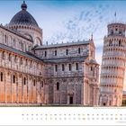 Kalenderblatt für Februar mit dem schiefen Turm und Dom von Pisa bei Sonnenuntergang.