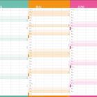 Kalender mit den Monaten April, Mai, Juni. Jeder Monat hat farbige Abschnitte und Spalten für Namen und Daten.