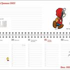 Dezember 2026/Januar 2027. Kalender mit Zeichnungen zweier Figuren neben den Daten, und einer kleinen gelben Figur.