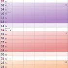 Kalenderblatt Februar 2027, Tage 1-28, markierte Tage: 7 Rosenmontag, 14 Valentinstag. Woche 5 bis 8, Farbverlauf blau zu orange.