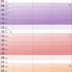 Kalender Februar 2027. Wochenbeginn 1, Rosenmontag am 8., Valentinstag am 14., in bunten Wochenfarben.