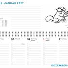 Text: "DEZEMBER 2026–JANUAR 2027", "DEZEMBER-JANUAR", "28 Montag", "31 Donnerstag Silvester", "1 Freitag Neujahr".  
Illustration: Katze mit Schal kämpft mit Vogel.