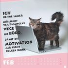 Text: "ICH nehme immer möglichst verschlungene WEGE ins BÜRO, damit die MOTIVATION mir nicht folgen kann." 

Ein Kalenderblatt für Februar mit einer Katze auf einem Laptop.