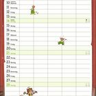 Kalender mit Wochentagen und Daten im Februar. Illustrationen von Hühnern, einer Katze und Person im Stall.