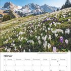 Kalenderseite: Februar. Bild: Schneebedeckte Berge im Hintergrund und blühende Krokusse auf einer grünen Wiese im Vordergrund.