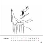 Februar-Kalenderblatt: Ein Skispringer fliegt von einer hohen Rampe in einer schwarz-weißen Illustration.