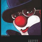"Die drei ??? Tatort Zirkus, 1993." Ein farbenfrohes Gemälde eines Clowns mit roter Nase und großem Hut. Februar-Kalender.